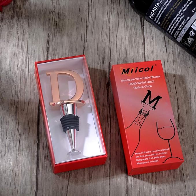Wine and Beverage Bottle Stopper With Rose Gold Finish-Perfect Presents/Gift Idea for Valentines Day, Mothers Day, Fathers Day, Thanksgiving Day,D-Initial (Letter D)