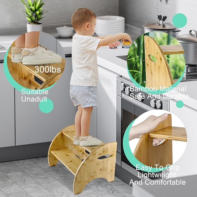 Bamboo Step Stool, 12 Inches Tall, Non-Slip Steps & Handrails, Sturdy Sustainable Bamboo, for Bathroom, Kitchen, Bedroom