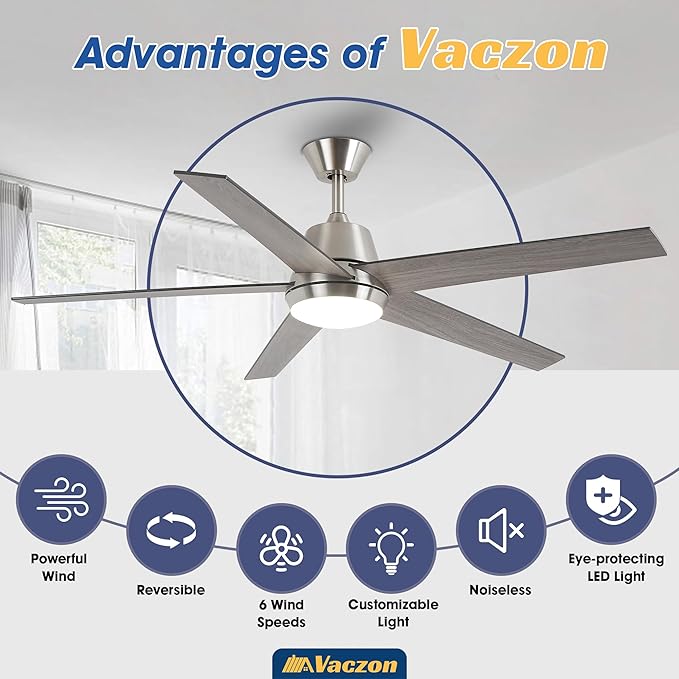 Ceiling Fans with Lights and Remote 52 Inch Modern Ceiling Fan with 6 Speeds, Dimmable LED, Reversible Noiseless DC Motor, Two-Color Blades, Cooling Fan for Bedroom, Living Room, Dining Room
