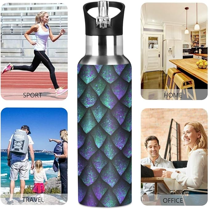 Dragon Scales Texture Stainless Steel Water Bottle with Straw, BPA Free Reusable Leakproof Water Jug for Fitness Camping Outdoor Sports