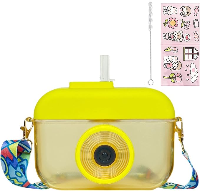 Camera Bottle Travel Cup with Straw Birthday Party Gift Ice Drinking Water Bottle Mug with Strap Picnic (camera yellow, 400 ml)