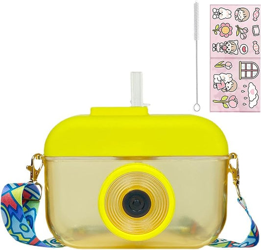 Camera Bottle Travel Cup with Straw Birthday Party Gift Ice Drinking Water Bottle Mug with Strap Picnic (camera yellow, 400 ml)