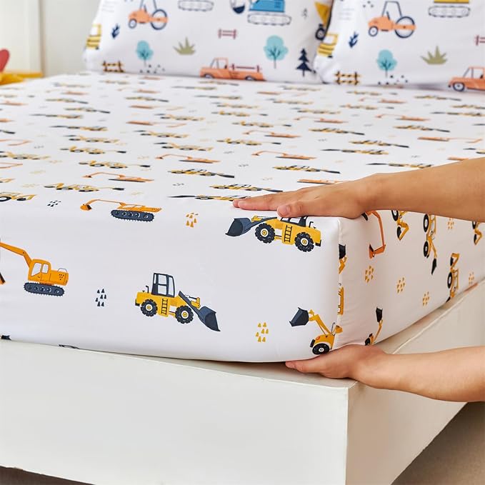 RYNGHIPY Full Sheets Set Kids Boys: Construction Excavator Bed Sheet Set for Toddler Children - Deep Pocket Wrinkle Free Bedding Set (White Yellow,Full)