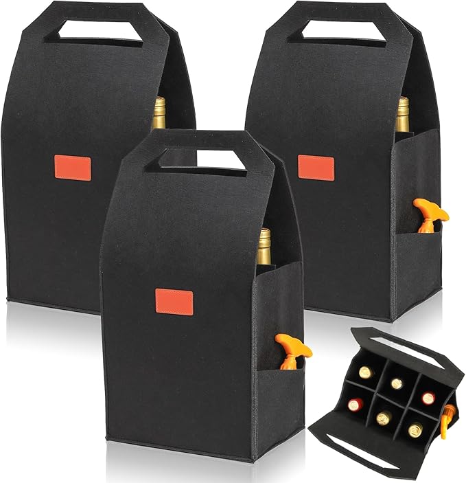 Peohud 6 Bottle Wine Carrier Tote, 3 Pack Thick Felt Wine Bottle Bags with Removable Divider, Portable Wine Gift Bag Reusable Grocery Bags for Travel, Camping, Picnic, Perfect Wine Lover Gift