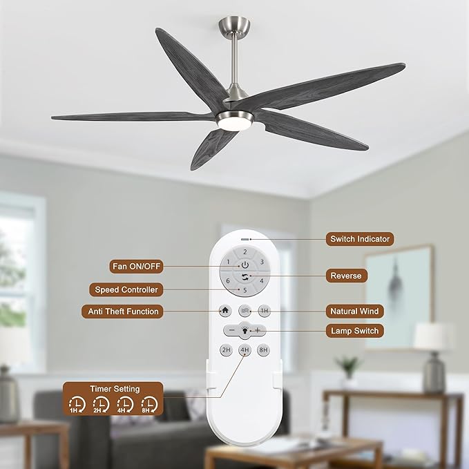 54 Inch Modern Ceiling Fan with Lights and Remote, 5 Wood Blades, 6-Speed Noiseless Reversible DC Motor with Replaceable Downrods for Bedroom Living Room Dining Room, Nickel and Gray