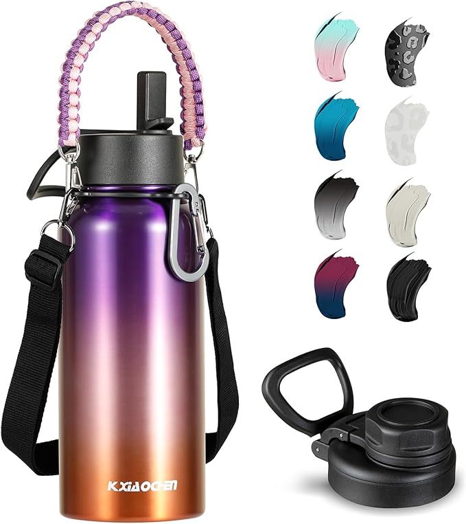 32 oz Insulated Water Bottle with Paracord Handles & Strap, 2 Lids(Straw Lid&Spout Lid), Stainless Steel Reusable Wide Mouth Metal Water Bottle With Straw, Double Walled, Thermo Mug（Tropical Fruit)