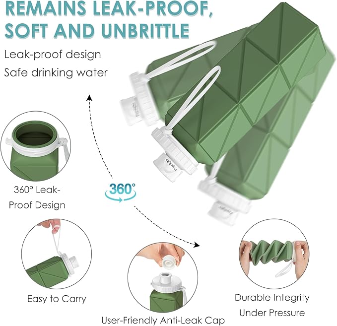 Collapsible Water Bottles 20.7oz Leakproof with Straw Lid Food-Grade BPA-Free Silicone Travel Foldable Water Bottles for Sports Office Gym Hiking Driving 610ML (Type1 Army Green)