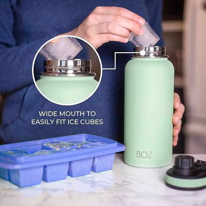 BOZ Stainless Steel Water Bottles 2 Pack Bundle - Pink Water Bottle + Green Water Bottle - Vaccum Insulated Water Bottles 32 Oz - Wide Mouth BPA Free Sport Water Bottles for Gym with Spout Lid