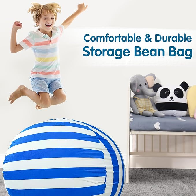 Lukeight Stuffed Animal Storage Bean Bag Chair Cover for Kids, Zipper Beanbag Chair Cover for Organizing Toddler and Kids' Rooms Plush Toys (Blue+White Velvet, Large)