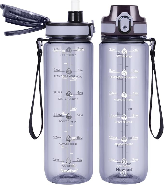 32 oz Water Bottle with Detachable Straw, Clear Motivational Water Bottles with Time to Drink, Tritan & BPA Free Sports Water Jug with Time Marker, Upgraded handle design