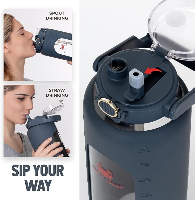 64oz Glass Water Bottle | Blue Water Bottle with Straw & Time Marker | Half Gallon Water Bottle with Measurements & Silicone Sleeve | Suitable for Travel, Gym, Sports & Daily Intake