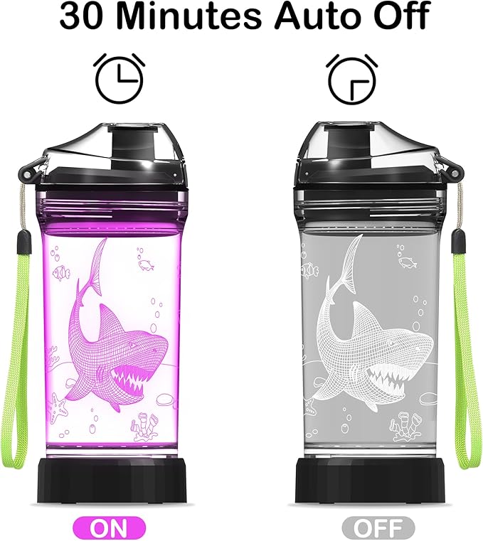 Kids Water Bottle with Shark Design 3D Glowing LED Light-Tritan BPA Free,Perfect for Back-to-School Season, Girls, Boys, Kids, Holiday Camping, Picnic Gifts - 14 oz Travel Mug