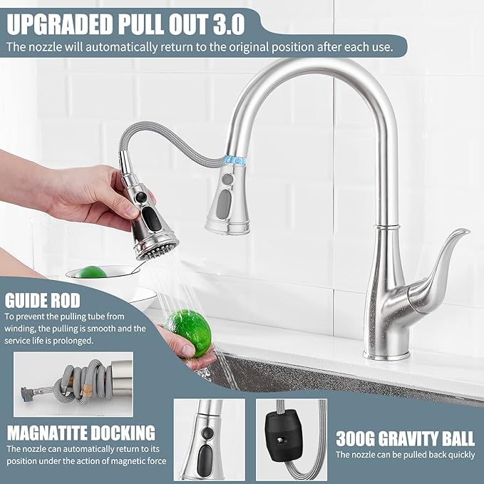 Kitchen Faucet with Soap Dispenser, Faucet for Kitchen Sink, Single Handle Stainless Steel Kitchen Sink Faucets with Pull Down Sprayer and Deck Plate, RV Sink Faucet, Nickel Brushed