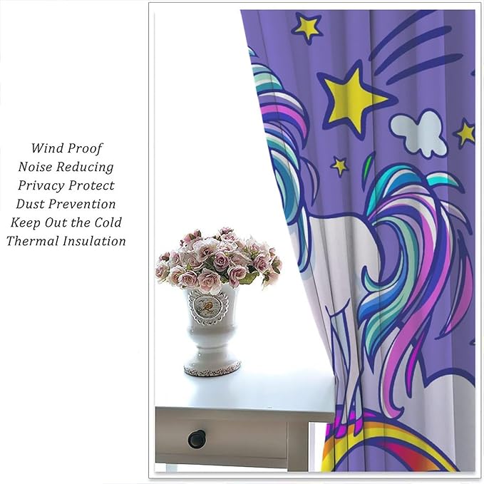 Kids Unicorn Curtains Purple Cartoon Rainbow Cartoon Room Blackout Curtains Boys Girls Baby Room Decor Curtains Living Room Decor 42x54 Inch 2 Panels