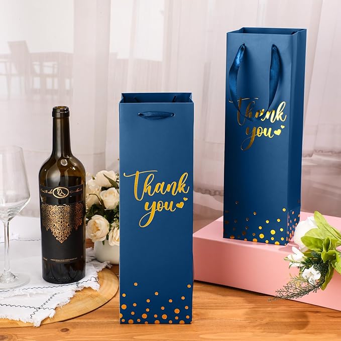 Ctosree 30 Pcs Wine Gift Bag for Wine Bottle Wedding Wine Thank You Gift Bag with Metallic Gold Foil Print Kraft Wine Paper Favor Bag with Attractive Rope Handle for Graduation Bottle(Business Blue)