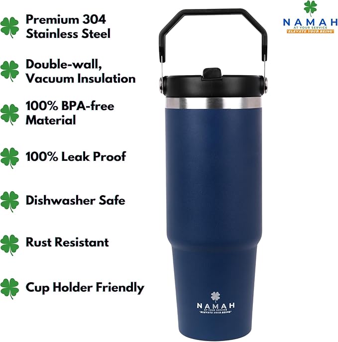 Tumbler with Handle & Extra Cloud LID – 30oz/900ml, Premium 304 Stainless Steel, Insulated Water Bottle, Leak-Proof, Steel Straw, Teddy Straw Cap, Cleaning Brush & Carabiner Hook (Midnight Teal Blue)