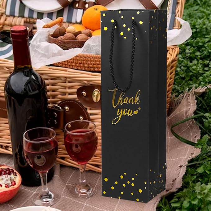 Ssyuysto Wine Gift Bag with Gold Foil Wine Bags with Rope Handles, (3.7 x 13.7 x 3.5 in) - Elegant Black Wine Bags for Wine Bottles and Gifts