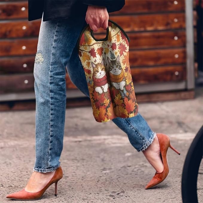 doginthehole Cute Cats Wine Bottle Holder 2 Bottle Wine Carrier Tote Bags Fall Maple Leaves Portable Champagne/Water Bottle/Beer Carriers Bag Case for Travel, Picnic, Party, Thanksgiving Day