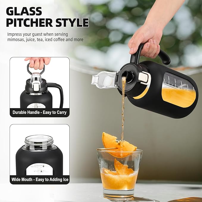 64 oz Glass Water Bolttles Half Gallon Large Motivational Water Bottle with Time Marker Sports Water Bottles with Silicone Sleeve and Handle Lid Water Jug for Gym Workout-1 Pack