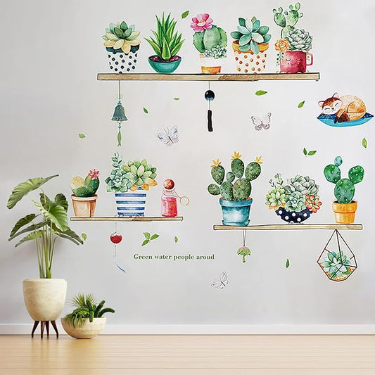 Green Cactus Potted Wall Decals Tropical Plants Wall Stickers DIY Peel and Stick Art Murals, Art Decorations Decor for Kids Bedroom Kitchen Office Girl Room