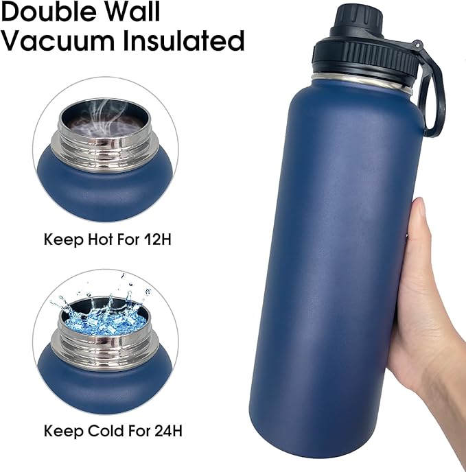 4pack 40 oz Insulated Water Bottle With Straw, Stainless Steel Sports Water Cup Flask with 2 Lids, Wide Mouth Travel Thermal Mug,Navy