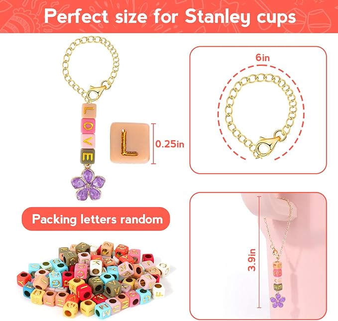 Mity rain 4 Pack Letter Charm Accessories For Stanley Cup, 4 PCS Charm Chains And 400PCS Greetings/Name ID DIY Letter Beads, Letter Handle Charm Designed For Stanley Tumbler Handle Decorations (Gold)