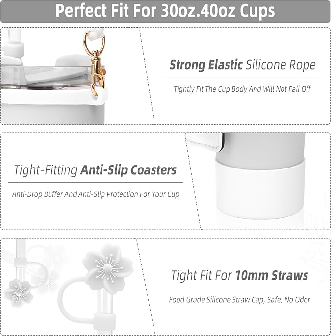 Stanley Cup Accessories Set Including 1 Pcs Siliocne Stanley Cup Boot, 1 Pcs Water Bottle Handle Strap, 1 Pcs Siliocne Straw Cover, 3 Pcs Stanley Charms for Stanley Cup 40oz & 30oz Tumbler - White