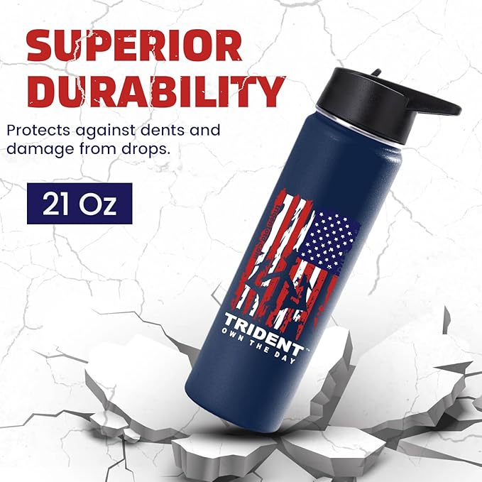 American Flag Water Bottle, 21 oz Insulated Water Bottle, Reusable Water Bottle with Straw, Leak Proof Water Bottles, Thermos Water Bottle - Retired Navy Combat Vet Small Business (Dark Blue, 21 Oz)