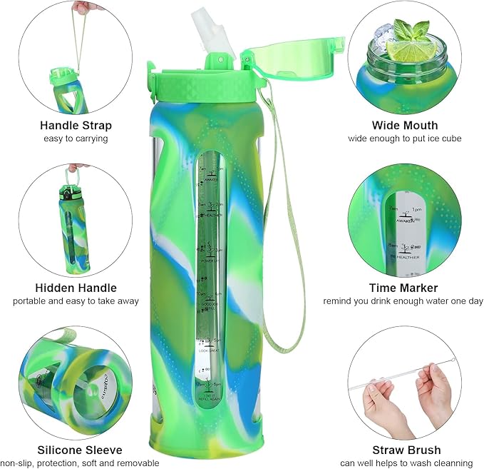 GOPPUS Glass Water Bottles with Straw and Flip Lid, Motivational Water Bottles with Time Marker Reminder and Silicone Sleeve, Leakproof, BPA Free (32 oz, Green Blue and White)