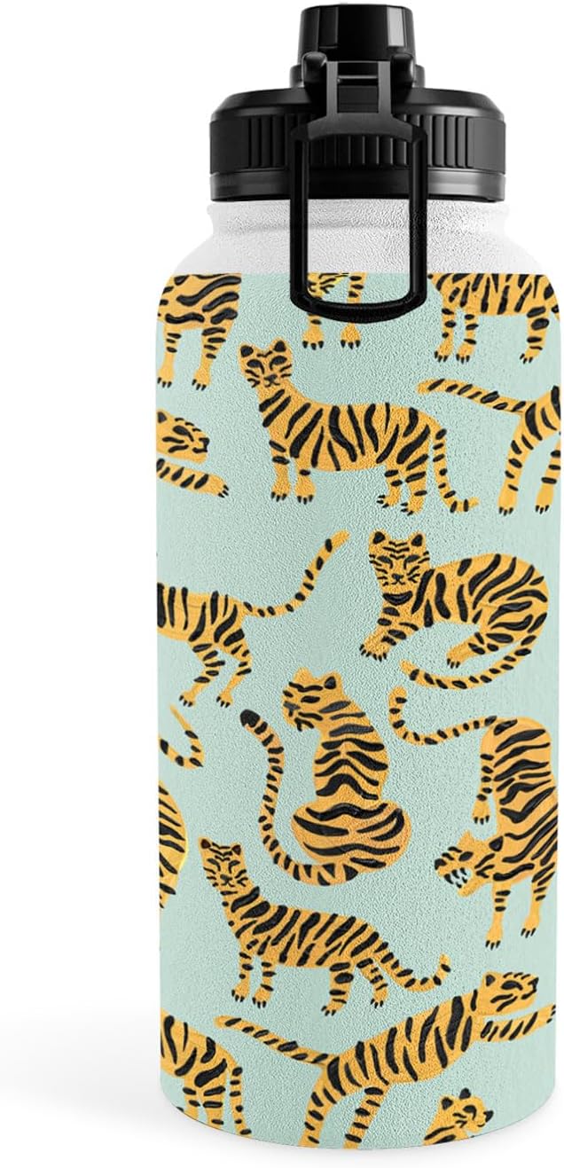 Deny Designs Water Bottle, Sport Lid 32 oz, Cat Coquillette Tiger Collection Mint Orange