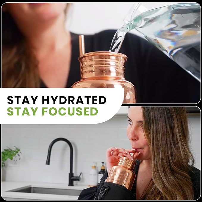 Copper Water Bottle for Drinking - Hammered Pure Copper Water Bottle with Leak Proof Lid, Removable Insulating Sleeve & Copper Straw - Handcrafted Copper Bottle for Men & Women 32 fl oz