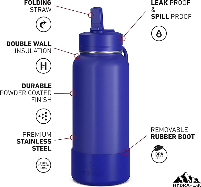 Hydrapeak 32oz Sport Insulated Water Bottle with Straw or Chug Lid, Leak & Spill Proof, Keeps Drinks Cold for 24 Hours, Hot for 12 Hours, Premium Stainless Steel Water Bottles (32oz, Saphire Blue)
