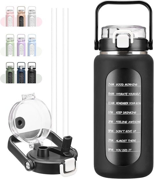 BLUEGO 64oz Insulated Water Bottle with Straw and Handle Leakproof Half Gallon Wide Mouth Motivational Water Bottle, 2-IN-1 Straw Spout Lid Stainless Steel Water Jug for Sport Travel Gym-Black