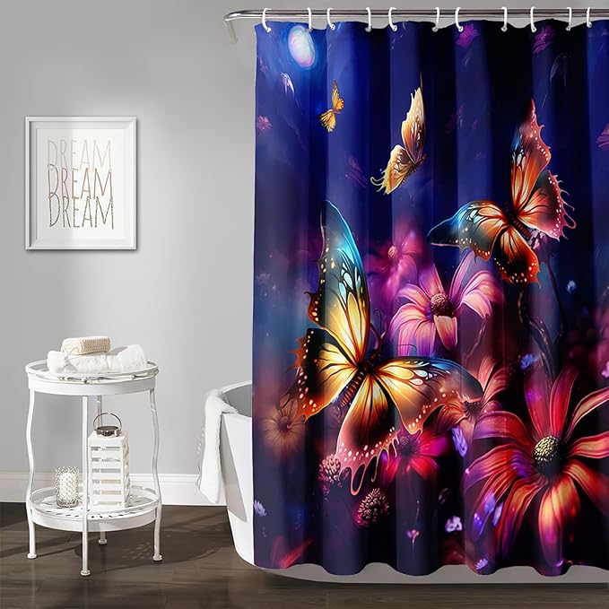 AILONEN Beautiful Butterfly Shower Curtain for Kids Girls Boys, Colorful Butterfly with Flower Bath Curtains for Bathroom,Boho Style Natural Plants Shower Curtain Set with Hooks,48" W*72" H