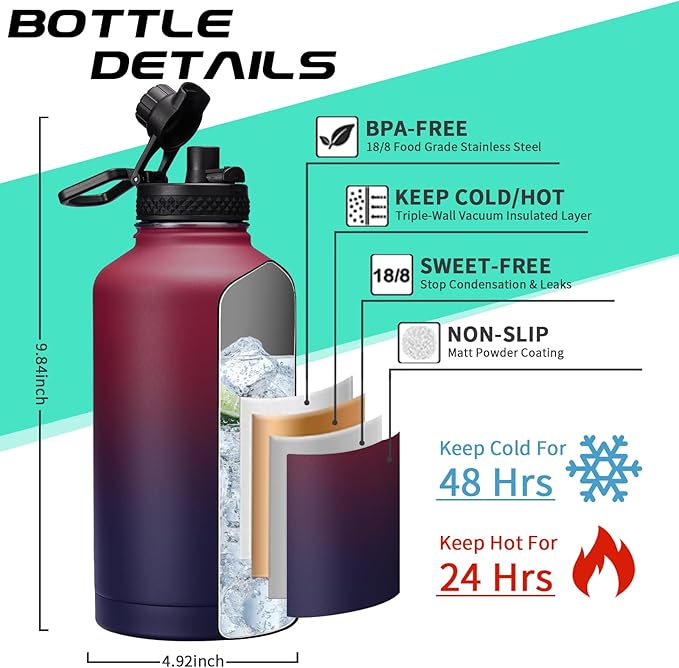 64OZ Vacuum Insulated Water Bottle - Keep Hot Cold Vacuum Flasks with Straw & Spout Lids, Paracord Handle, Water Bottler Carrier Holder & Protective Cup Mat, 1.8L Stainless Steel Water Jug