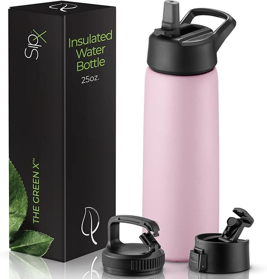 SipX™ Triple-Insulated Stainless Steel Water Bottle 25oz. With 3 Lids, BPA-Free Reusable Insulated Water Bottle Keeps Cold 24 Hours, Metal Water Bottle Made Of Sustainable Material For Hiking & Biking