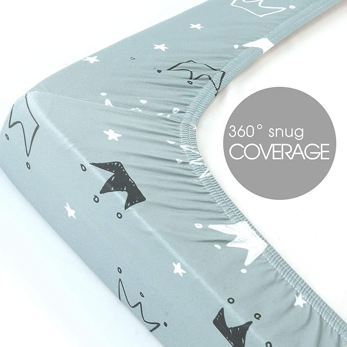 GRSSDER Stretchy Ultra Soft Jersey Knit Fitted Pack n Play Playard Sheets Set 2 Pack，Portable/Mini Crib Sheets, Crown and Cloud for Girls and Boys