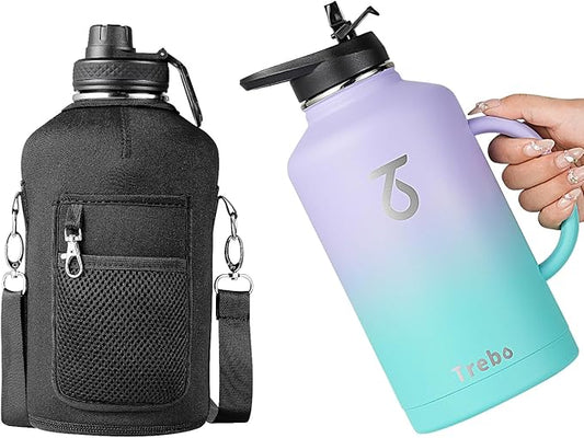 Trebo 64oz Water Bottle Insulated with Straw Lids,Half Gallon Double Wall Vacuum Stainless Steel Metal Large Jug with Handle,Wide Mouth Flask Mug with Carry Pouch,Keep Cold Hot,Ombre: Purple Green