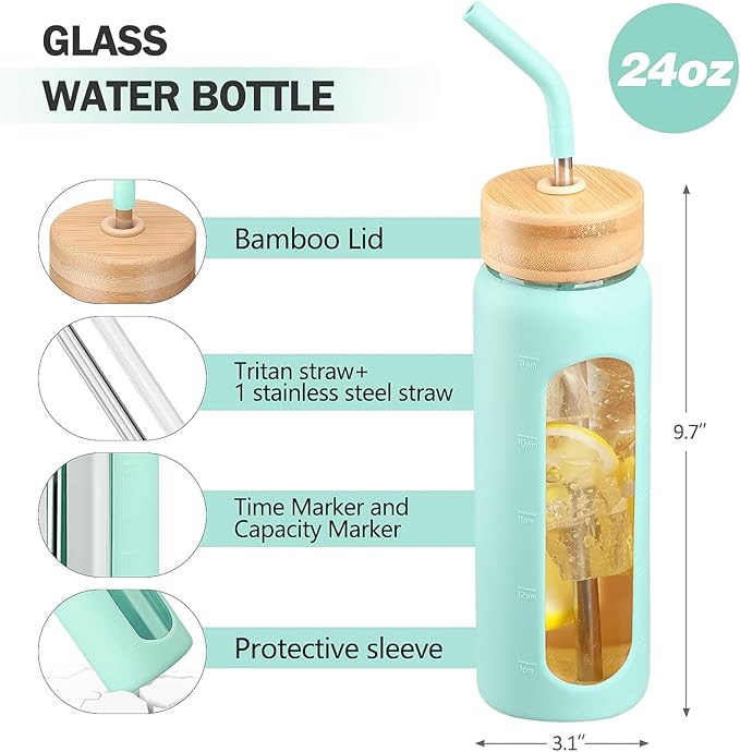 Glass Water Bottles with Straw -24oz- Water Bottle Phone Holder for Gym Sports Water Bottles with Silicone Sleeve Glass Drinking Bottles 2 Lids - Spout & Bamboo Straw Lid(Mint Green)