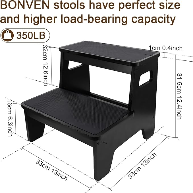 Bamboo Two Step Stools for Adults, Portable Step Stool for Pregnant and Adults with Non-Slip Mat, Foldable Step Stool for Kitchen, Toilet, Bathroom, Bedroom, Camping