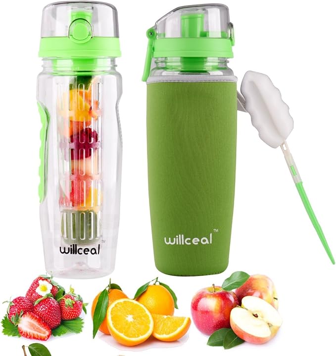 Fruit Infuser Water Bottle 32oz- Durable, Large - BPA Free Tritan, Flip Lid, Leak Proof Design - Sports, Camping