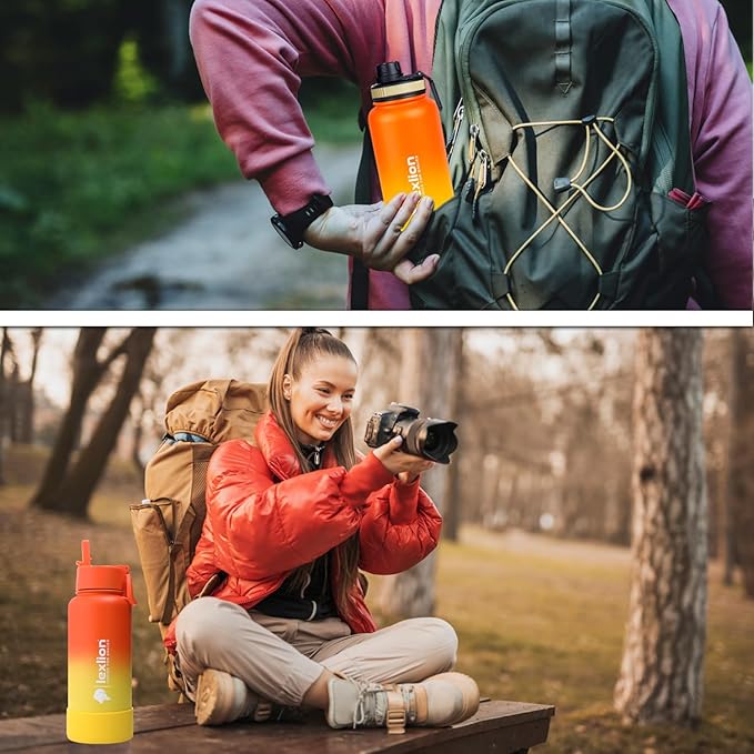 Water Bottle 32oz, Triple Walled Insulated Stainless Steel Reusable Bottle, Silicone Sleeve, Cleaning Brush, 2 Lids (Spout lid & Straw lid w/2 straw), Metal Mug Gallon, BPA Free, Sunset