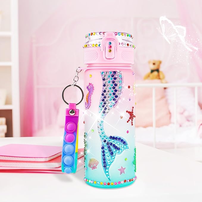DCDD Decorate Your Own Water Bottle Kits for Girls Age 4-10, Mermaid Kids Water Bottle Stickers for Birthday Gifts, School, Travel and Christmas, 20 oz Leak-Proof