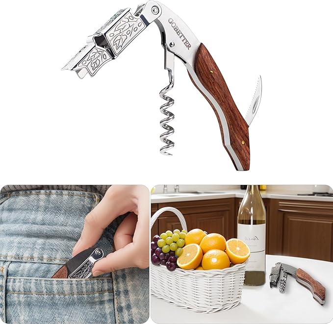 GOBETTER Wine Opener, Professional Corkscrews for Wine Bottles Cap Remover, Manual Wine Key for Home Use, Servers, Waiters Bartenders and Wine Lovers, Classic Rosewood