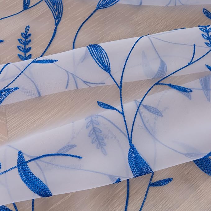 Windows Sheer Curtains Embroider Blue Leaf 84 Inches Length 2 Panels Voile Light Filtering Sheer Curtains Panel Basic Rod Pocket for Bedroom Living Room Children Room