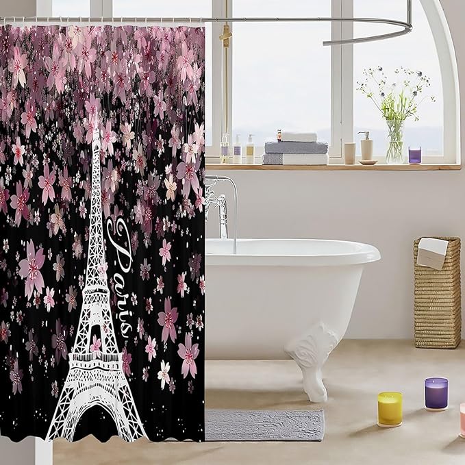 Feelyou Cherry Blossoms Shower Curtain 72"x72" Kids Eiffel Tower Bathroom Shower Curtain Set for Boys Girls Teens Romantic Paris Bath Curtain Floral Botanical Bathroom Accessories