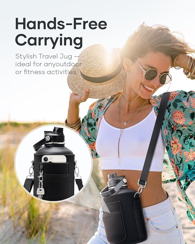 BUZIO 64oz Insulated Water Bottle, Half Gallon Stainless Steel Water Jug with Straw Lid and Carrying Pouch, Keep Cold 48H Double Wall Vacuum Lead-Free Metal Drinking Flask for Gym Beach, Black