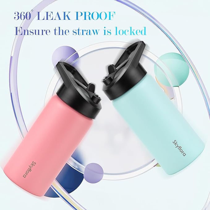 Kids Water Bottle with Straw 2 Pack, 16oz Water Bottles Bulk, Single Wall 18/8 Stainless Steel, Dishwasher Safe & Leakproof, Reusable Gift for Girls Boys to School Sports Travel Camping, Pink & Green