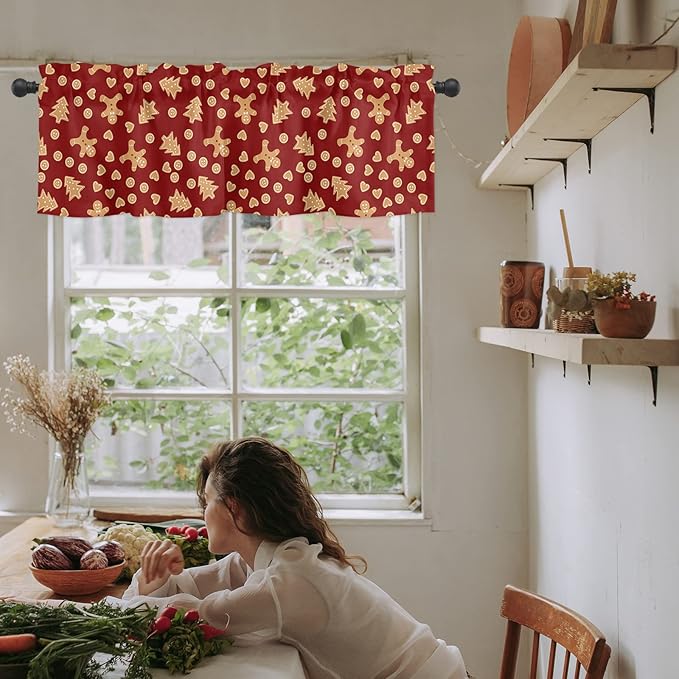 Christmas Valance Kitchen Curtains,Red Merry Christmas Gingerbread Man Cookies Window Treatments Short Curtain,Winter Holiday Decorations Rod Pocket Toppers for Bedroom/ Living Room,1 Panel-54" X 18"