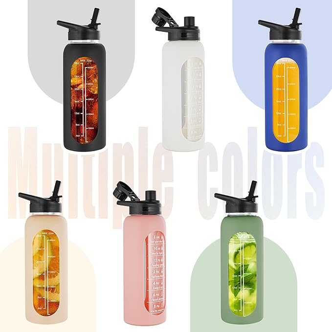 SIEROZUR 32 oz Glass Water Bottle with Straw and Handle Large Sports Motivational Water Bottle with Time Marker and 2 Lids, Leakproof Reusable Water Jug with Silicone Sleeve for Gym